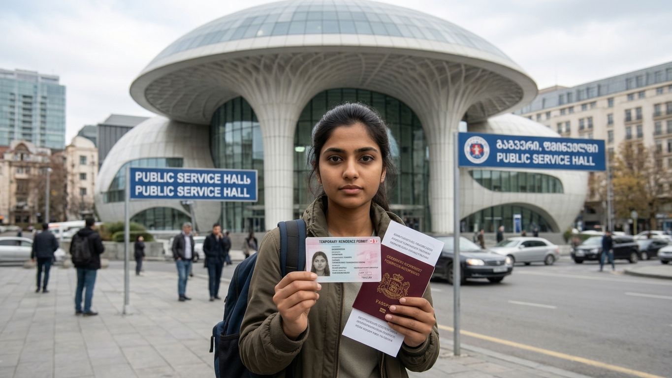 International student holding a passport and a residence permit card outside the Public Service Hall in Tbilisi