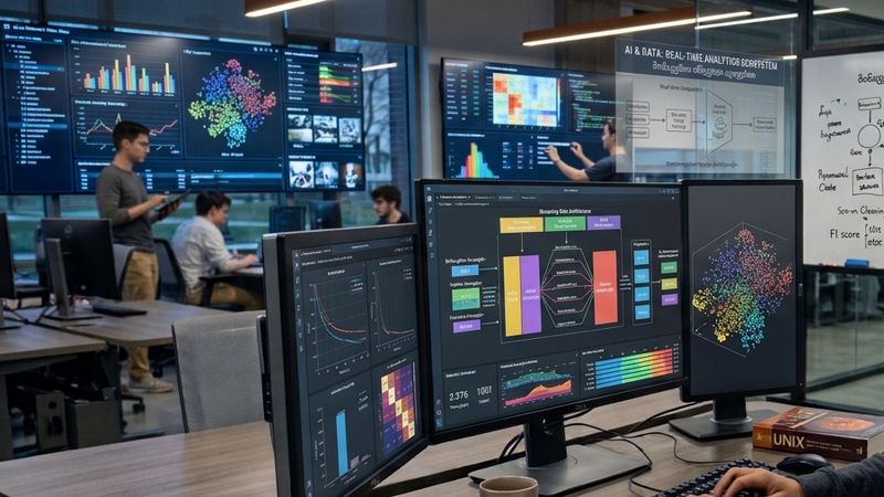 Student analysing data visualisations on several screens in an AI and data lab