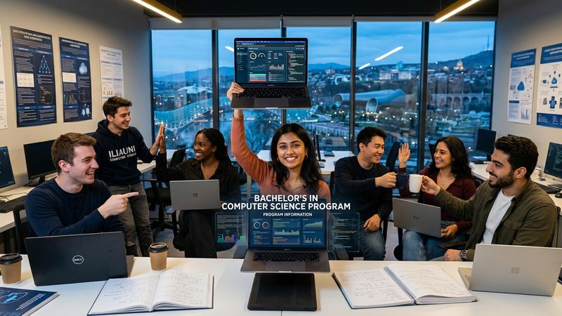Computer science undergraduates celebrating with laptops in a computer lab