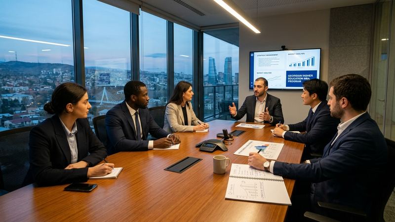 MBA participants in a strategy discussion in a boardroom overlooking Tbilisi